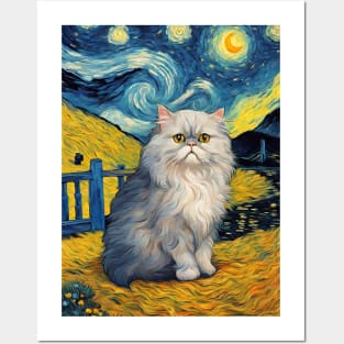 Persian Cat Breed Portrait Painting in a Van Gogh Starry Night Art Style Posters and Art